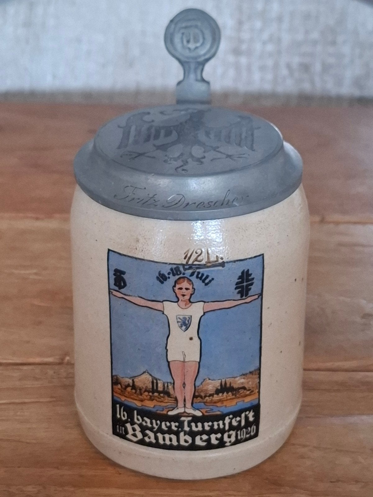 Antieke stein / bierpul 1926 met tinnen deksel, Antiek en Kunst, Antiek | Keramiek en Aardewerk, Ophalen of Verzenden
