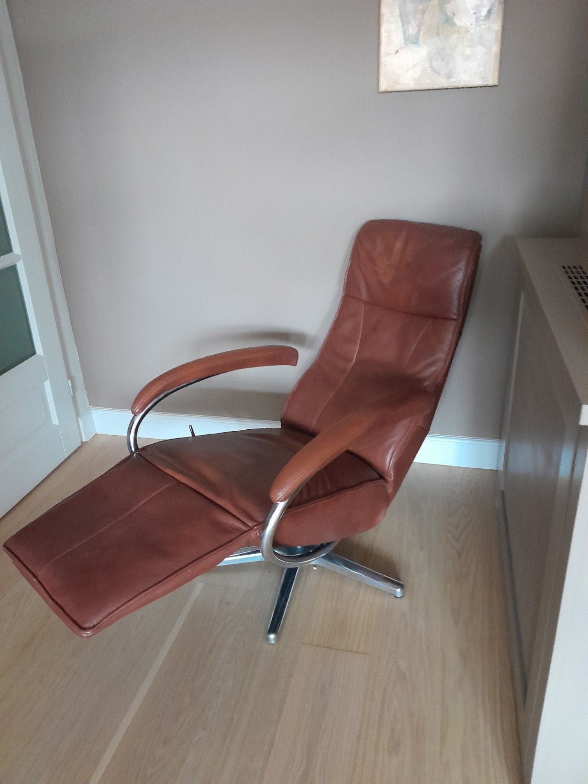 Lederen relaxfauteuil met uitschuifbaar voetgedeelte, Ophalen, Gebruikt, 75 tot 100 cm, Modern