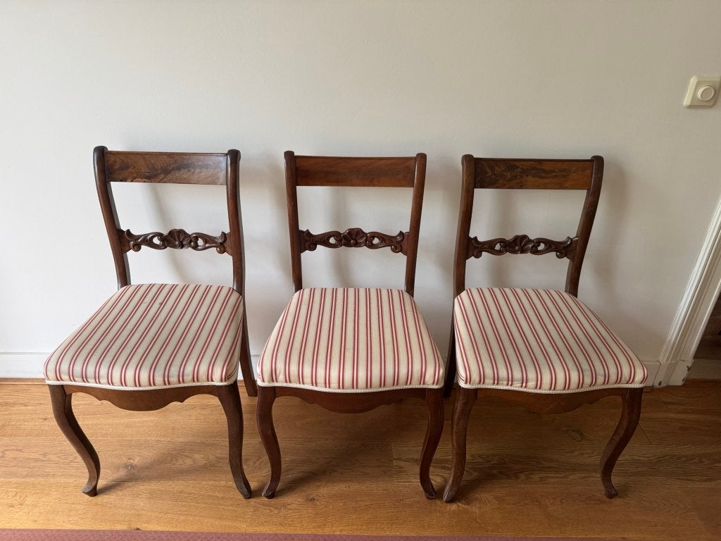 Set van 6 klassieke houten stoelen met gestoffeerde zitting, Huis en Inrichting, Stoelen, Gebruikt, Bruin, Klassiek, Ophalen of Verzenden