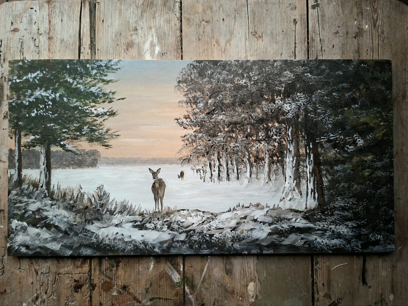 Schilderij: Herten in besneeuwd boslandschap, Ophalen of Verzenden