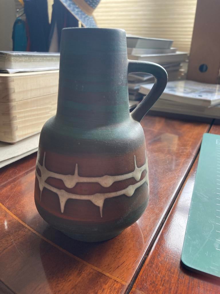 Vintage West Germany Keramiek Vaas - Groen/Bruin, Ophalen of Verzenden