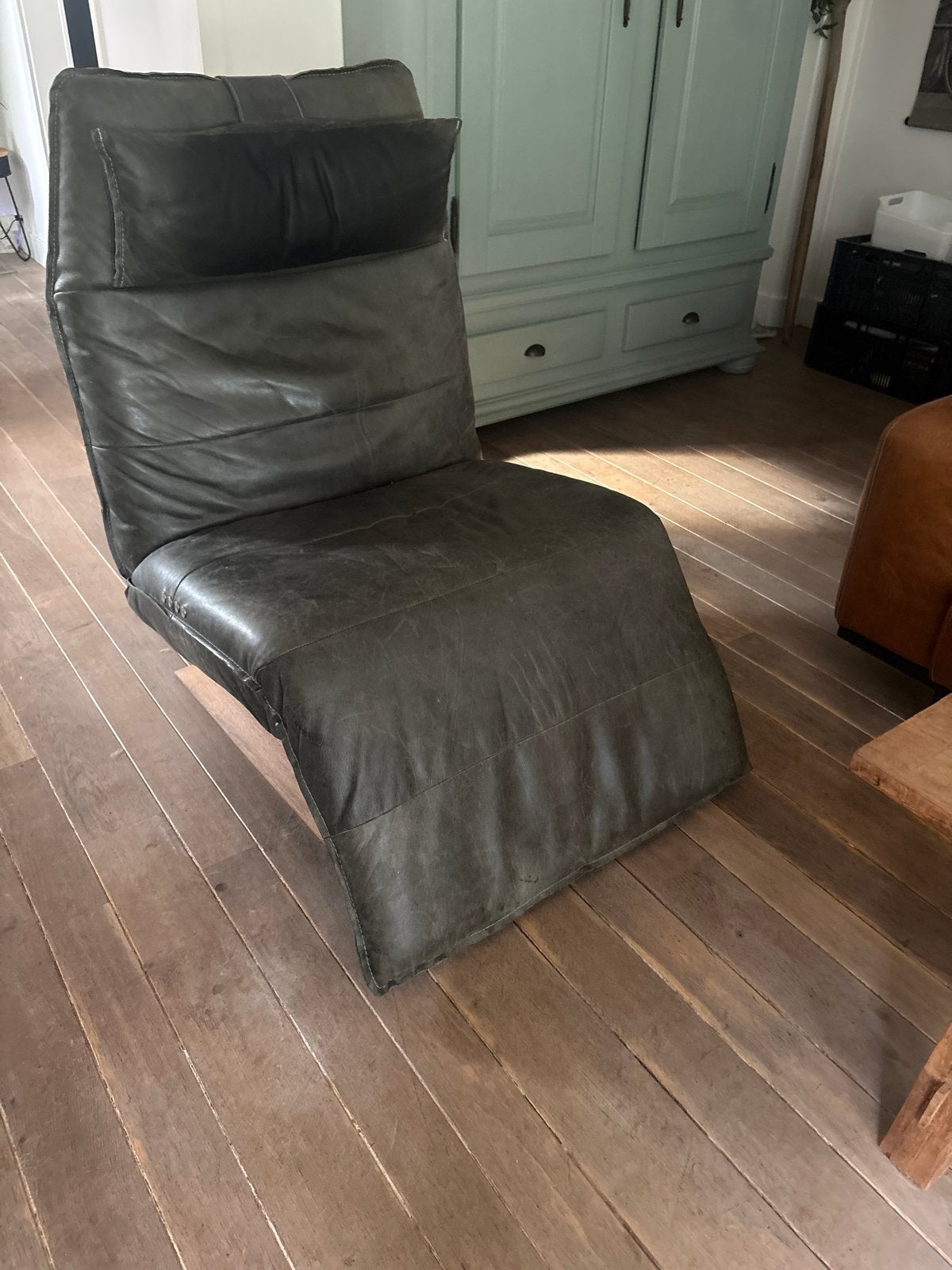 chilline comfortabele grijs/groen leren loungestoel, Ophalen, Gebruikt, Leer, Eén