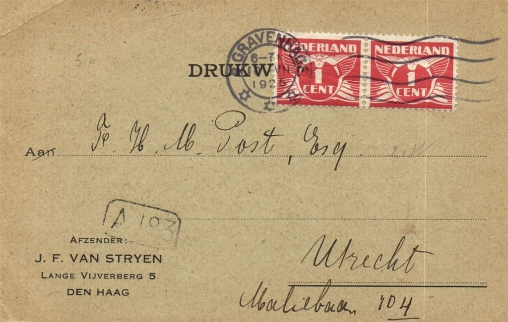 J.F. van Stryen, Den Haag - 07.1925 - drukwerk, Ophalen of Verzenden, Briefkaart