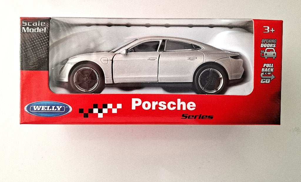 Welly Porsche Taycan Turbo S, deuren kunnen open, Zilver, Ophalen, Nieuw, Auto