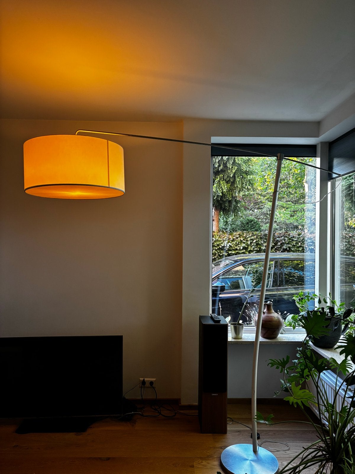 Moderne booglamp met stoffen kap, Ophalen, Gebruikt, 200 cm of meer, E27 (groot)