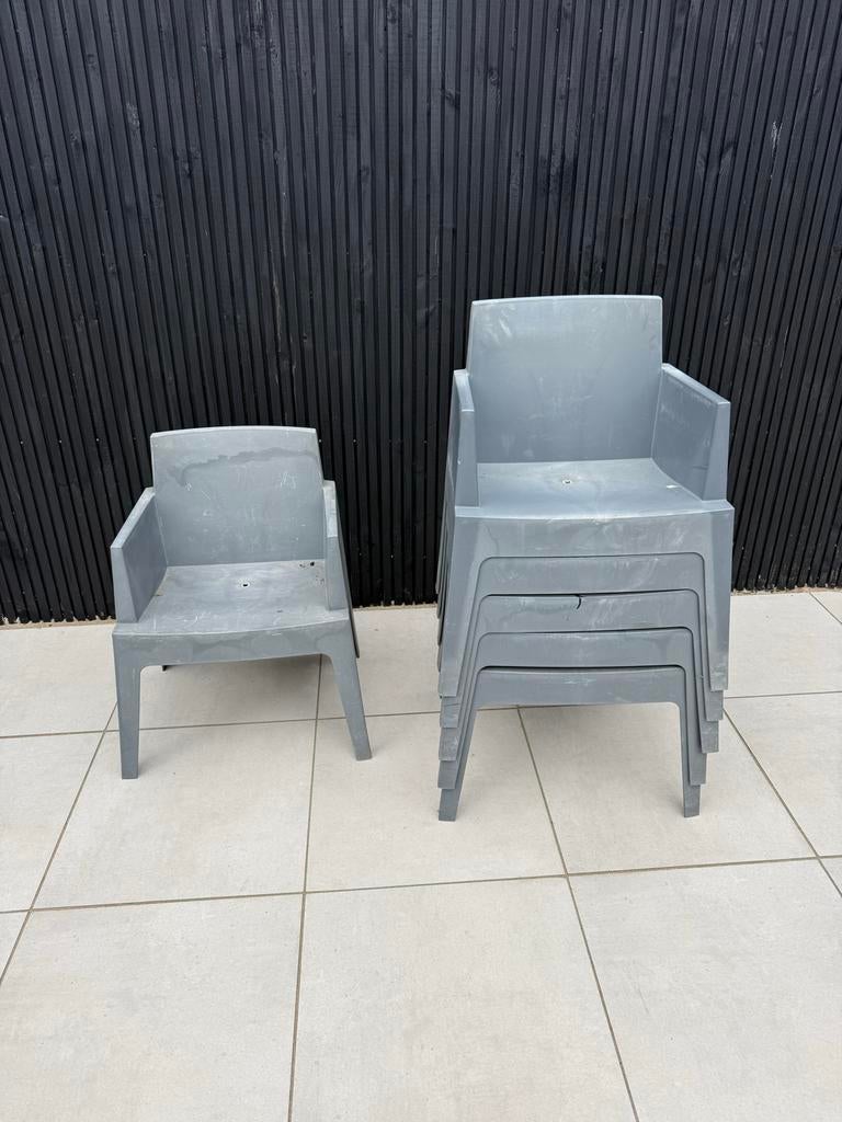 Siesta box grijze kunststof tuinstoelen, stapelbaar, Ophalen, Gebruikt, Kunststof, Stapelbaar