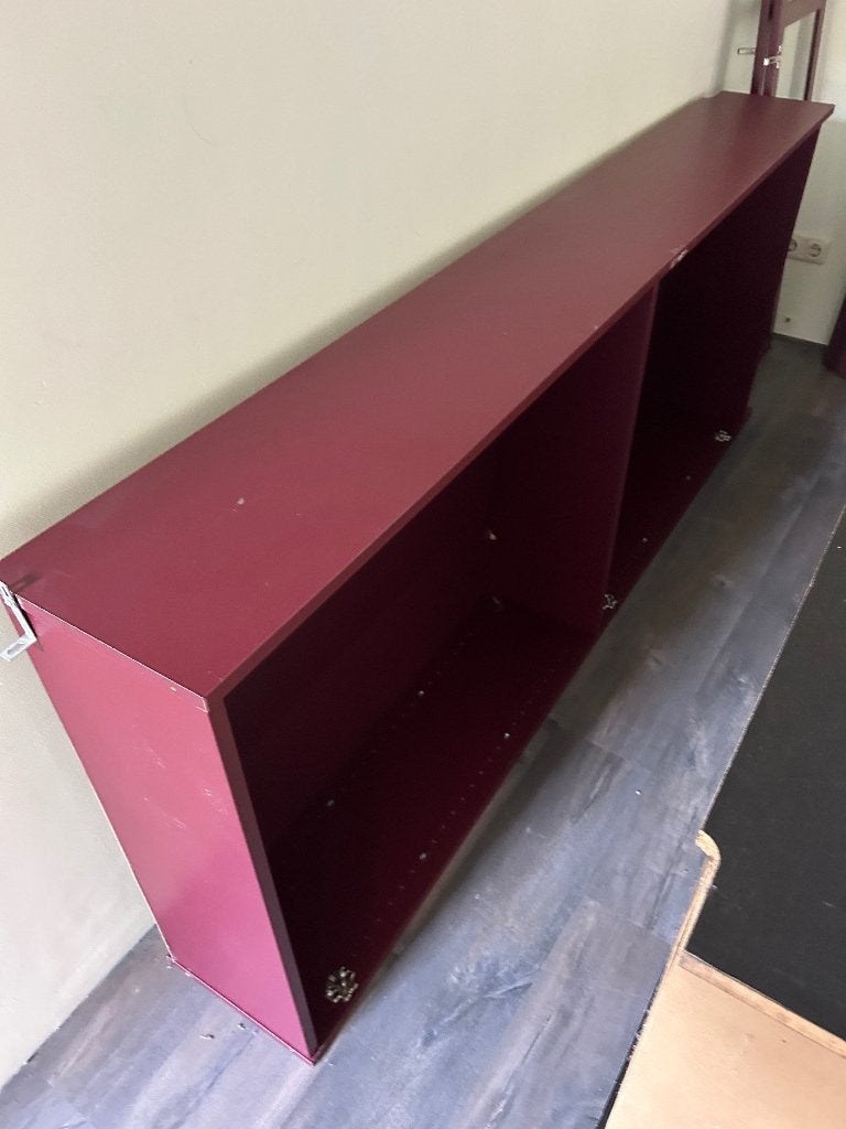 Billy boekenkast met glazen deuren bordeauxrood, Ophalen, Gebruikt, 200 cm of meer, Met lade(s)