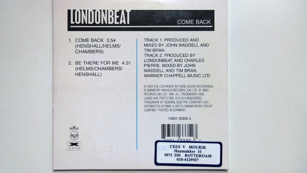 Londonbeat - Come Back, Cd's en Dvd's, Cd Singles, Ophalen of Verzenden, Zo goed als nieuw, Pop