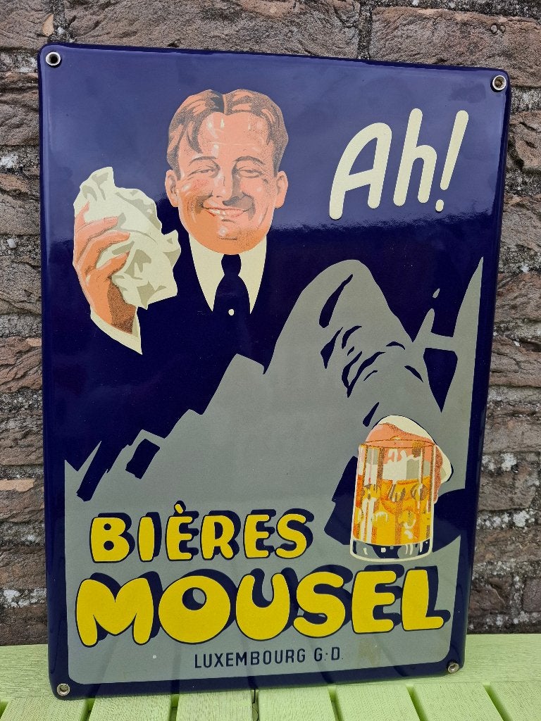 Emaillebord bières Mousel Luxembourg (emaillerie Belge) nr.1, Verzamelen, Ophalen of Verzenden, Reclamebord, Plaat of Schild, Overige merken