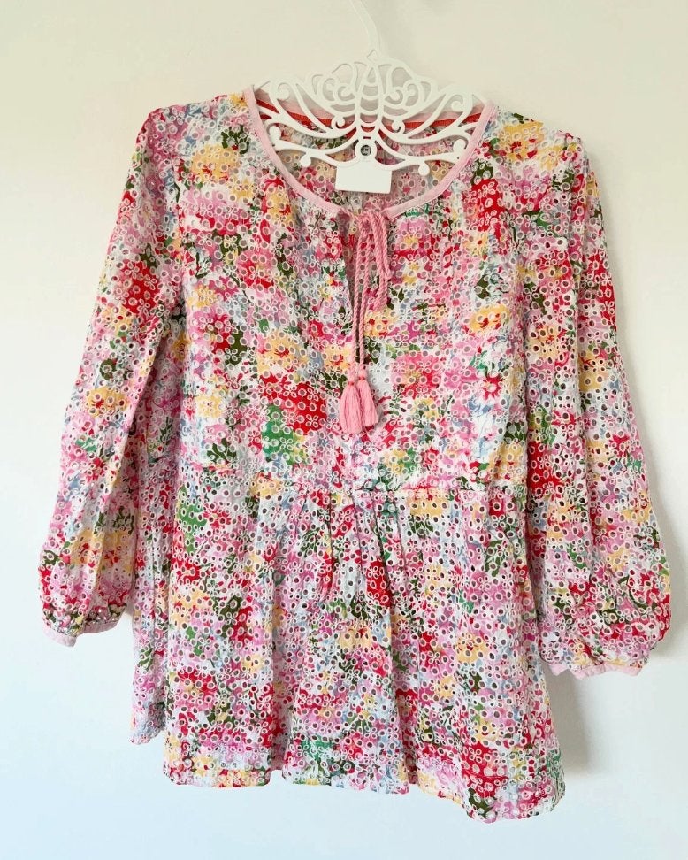 Broderie Anglaise top dames kleurrijke bloemen roze blouse, Ophalen, Meerkleurig, Maat 42/44 (L), Zo goed als nieuw