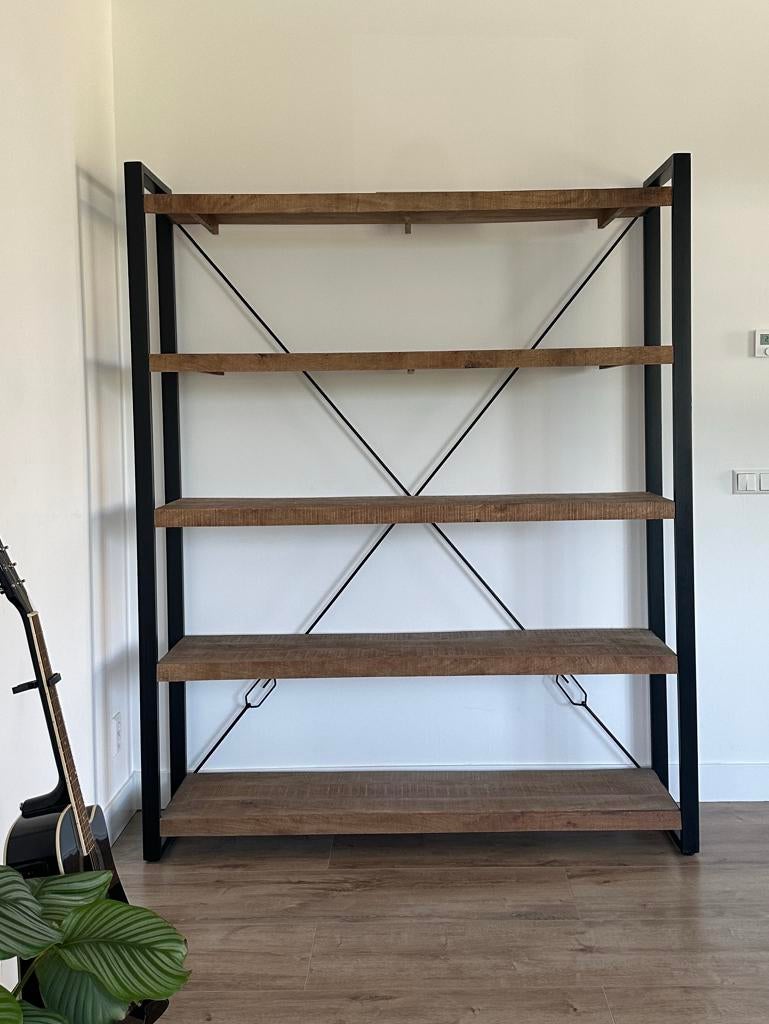 Open kast van mangohout en zwart metaal, 200x160x40 cm, Huis en Inrichting, Kasten | Boekenkasten, Ophalen, Met plank(en), 150 tot 200 cm