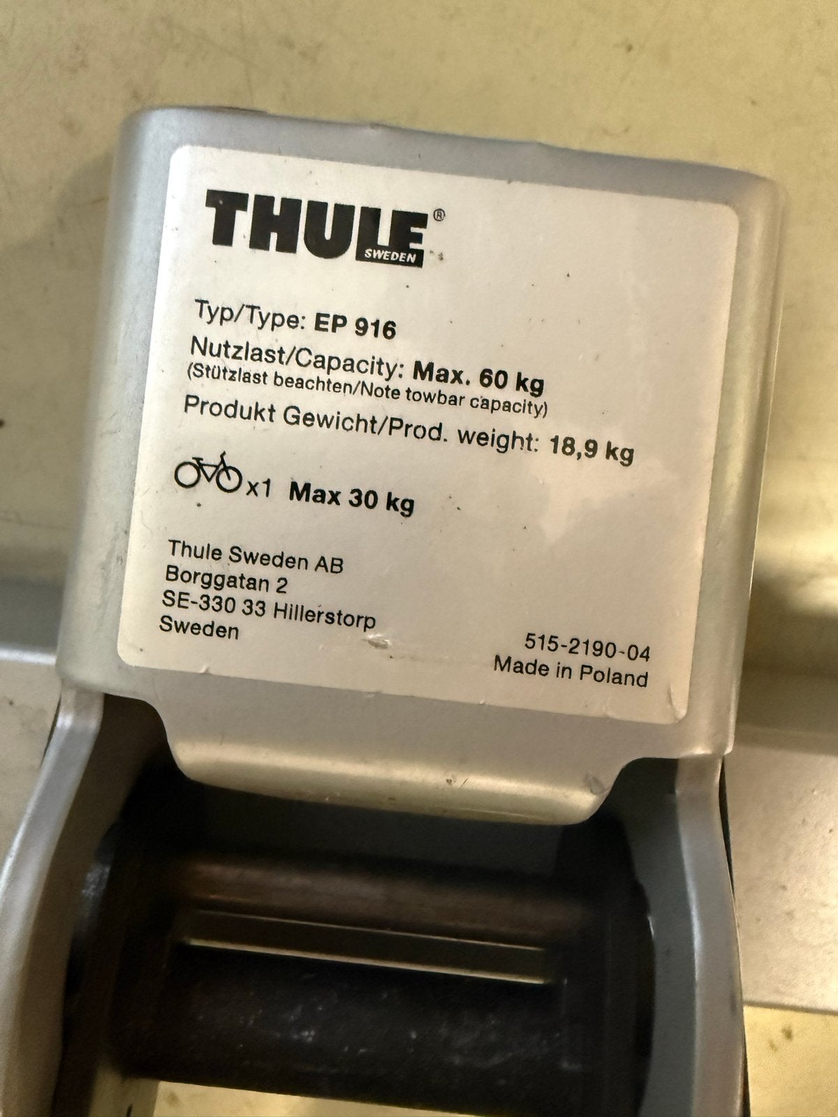 Thule Fietsendrager EP916 - Max. 60 kg, Ophalen of Verzenden, Gebruikt, Overige typen, 40 tot 60 kg