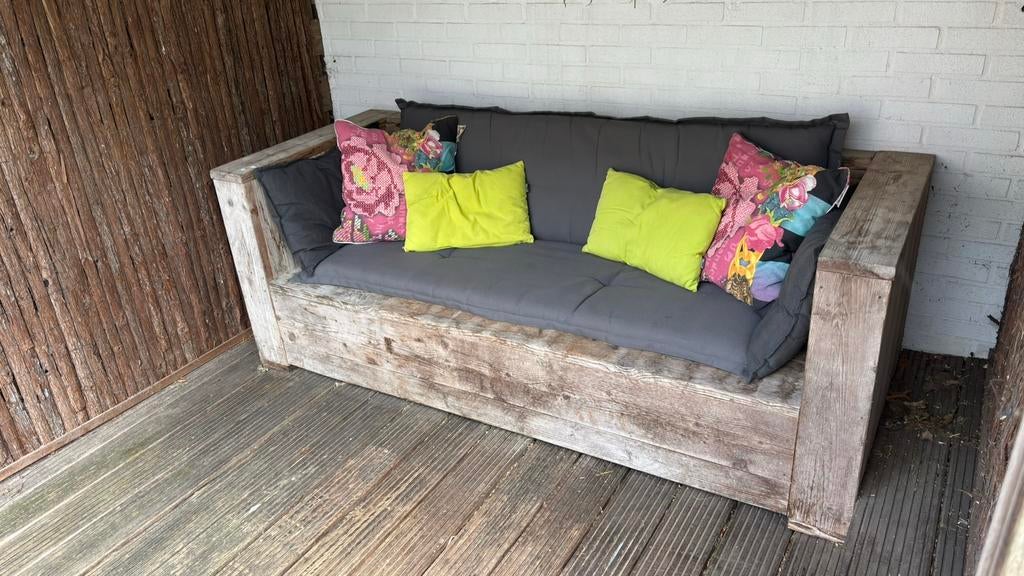 Te koop  steiger houten bank incl kussens., Ophalen, Gebruikt, Hout