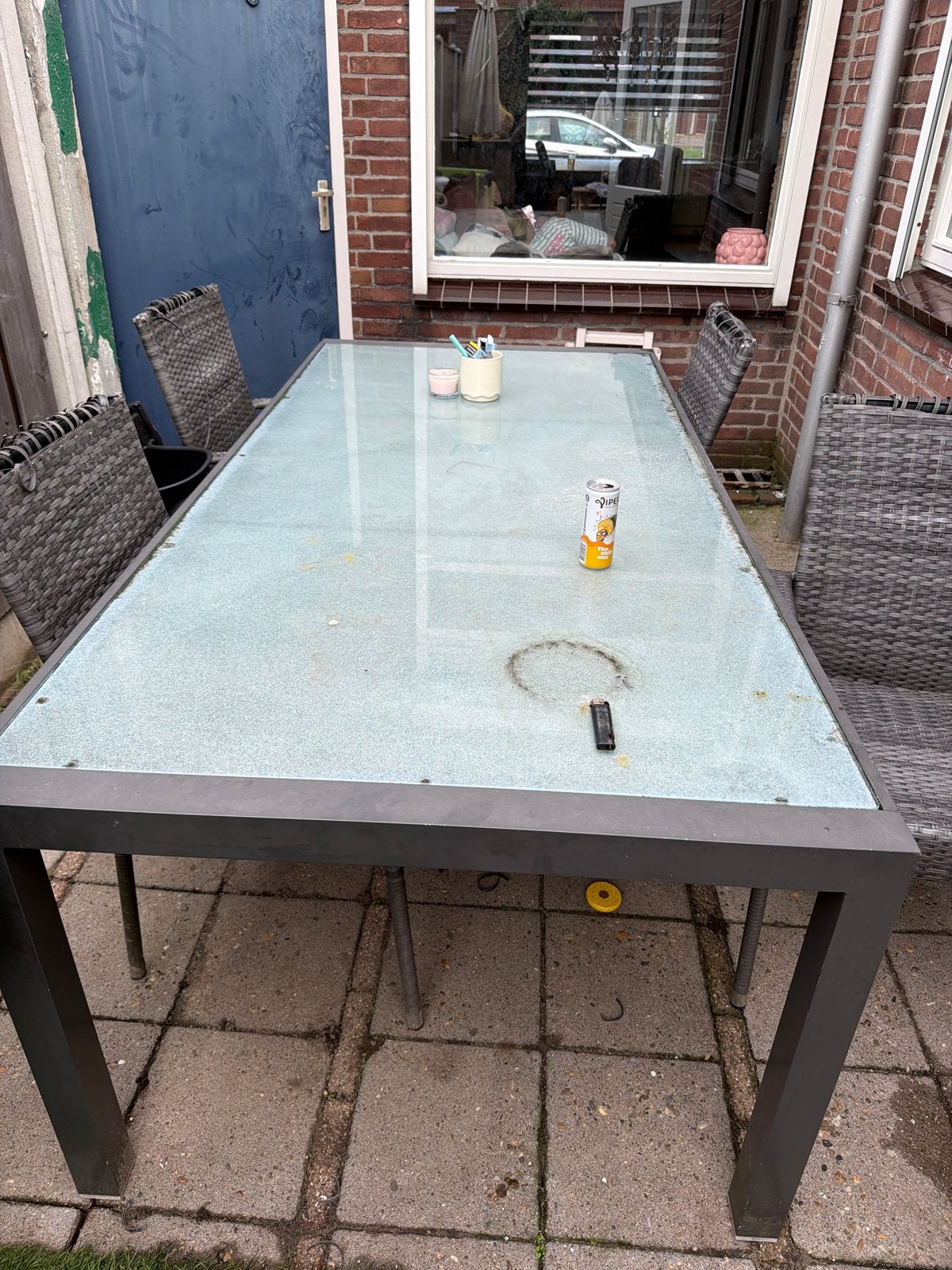 Grote tuintafel met glazen blad, Ophalen, Gebruikt, Rechthoekig, Metaal