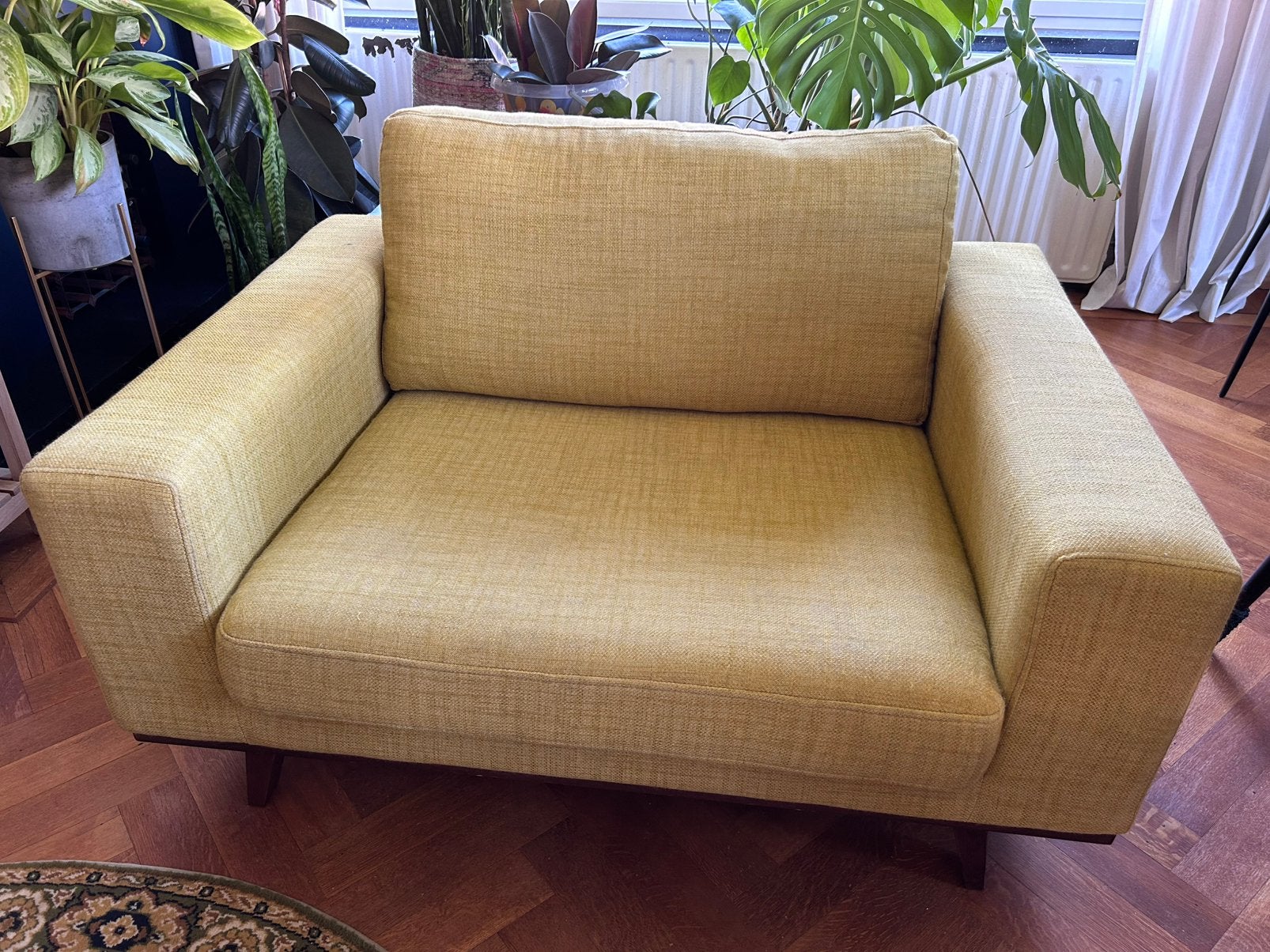Citroengele midcentury stijl loveseat ‘Torino’ Wehkamp, Gebruikt, Tweepersoons, 75 tot 100 cm, Ophalen of Verzenden