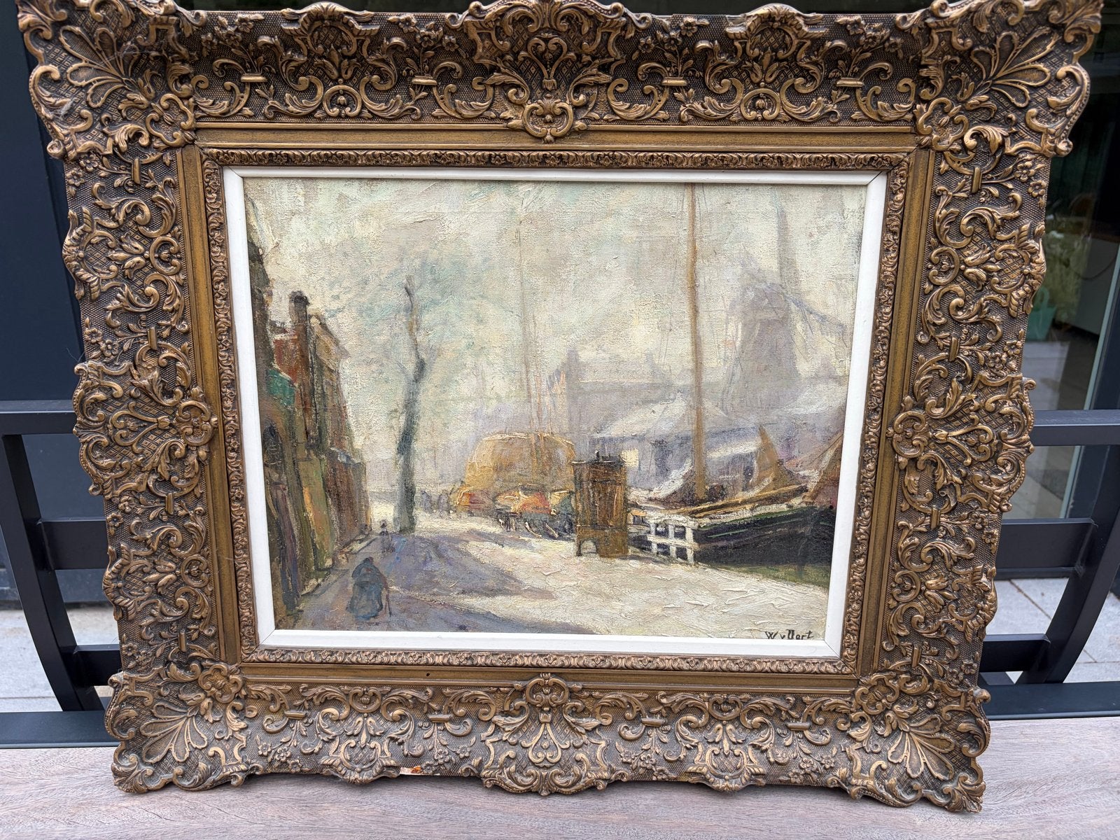 Willem van Dort sr. - Gezicht op Delfshaven (41x49cm), Ophalen, Doek, Realistisch, Gesigneerd