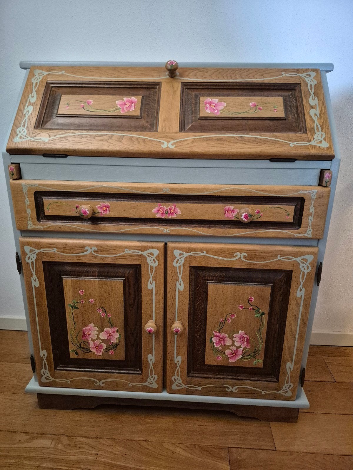 Uniek handgeschilderd secretaire bureau met bloemen, Ophalen, Gebruikt