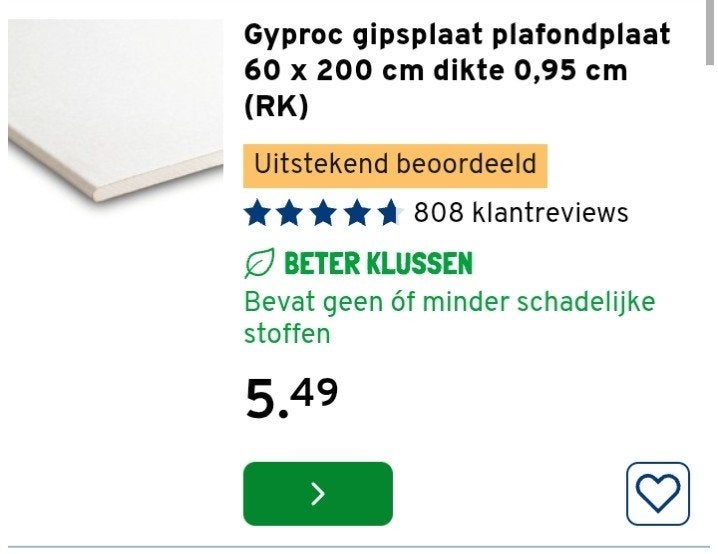 5x Gyproc gipsplaat plafondplaat 60x200x0,95 cm (RK), Ophalen, Nieuw, Overige materialen, Minder dan 20 mm