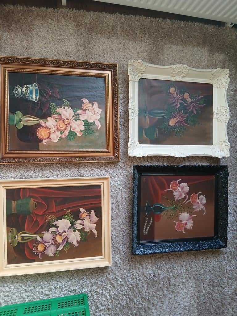 Collectie van 20 antieke schilderijen: Orchideeën in vaas, Antiek en Kunst, Ophalen