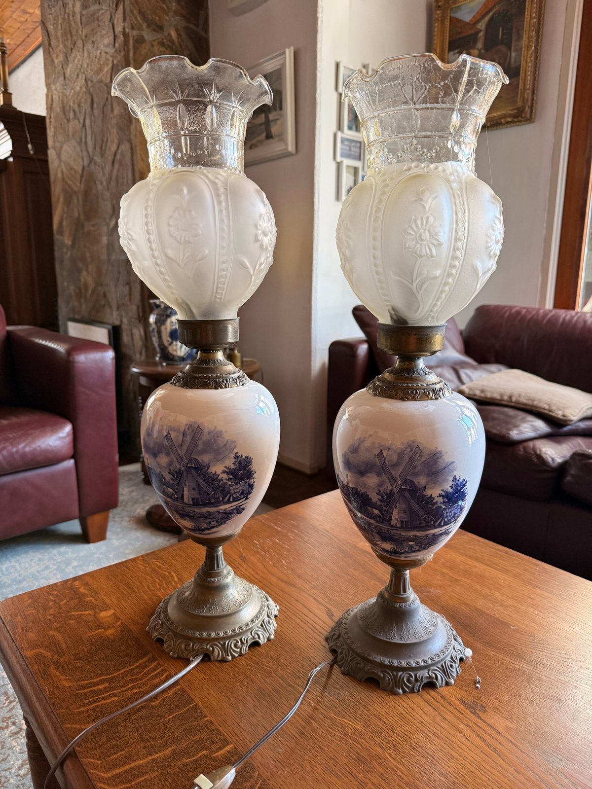 Set van 2 antieke Delfts Blauwe tafellampen, Antiek en Kunst, Antiek | Lampen, Ophalen
