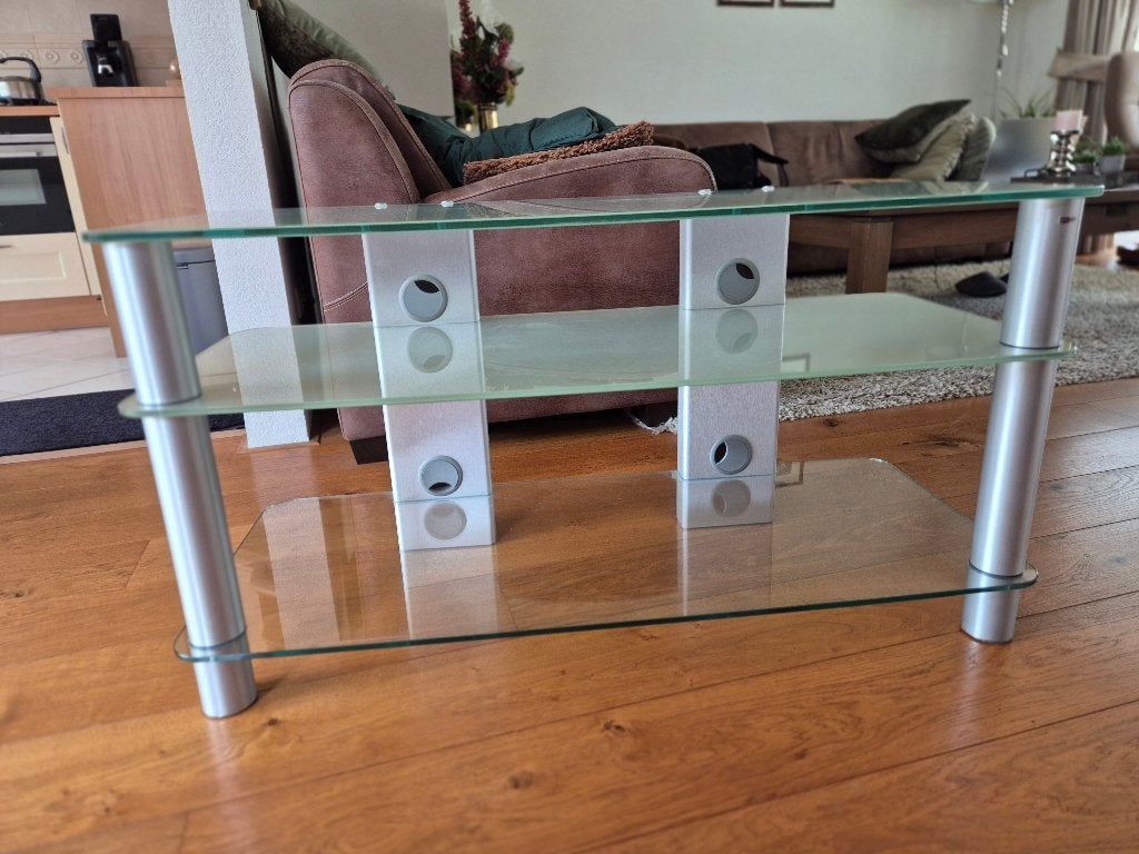 TV-Meubel Aluminium poten met drie Glazen plateaus, Ophalen, Gebruikt, 100 tot 150 cm, Glas