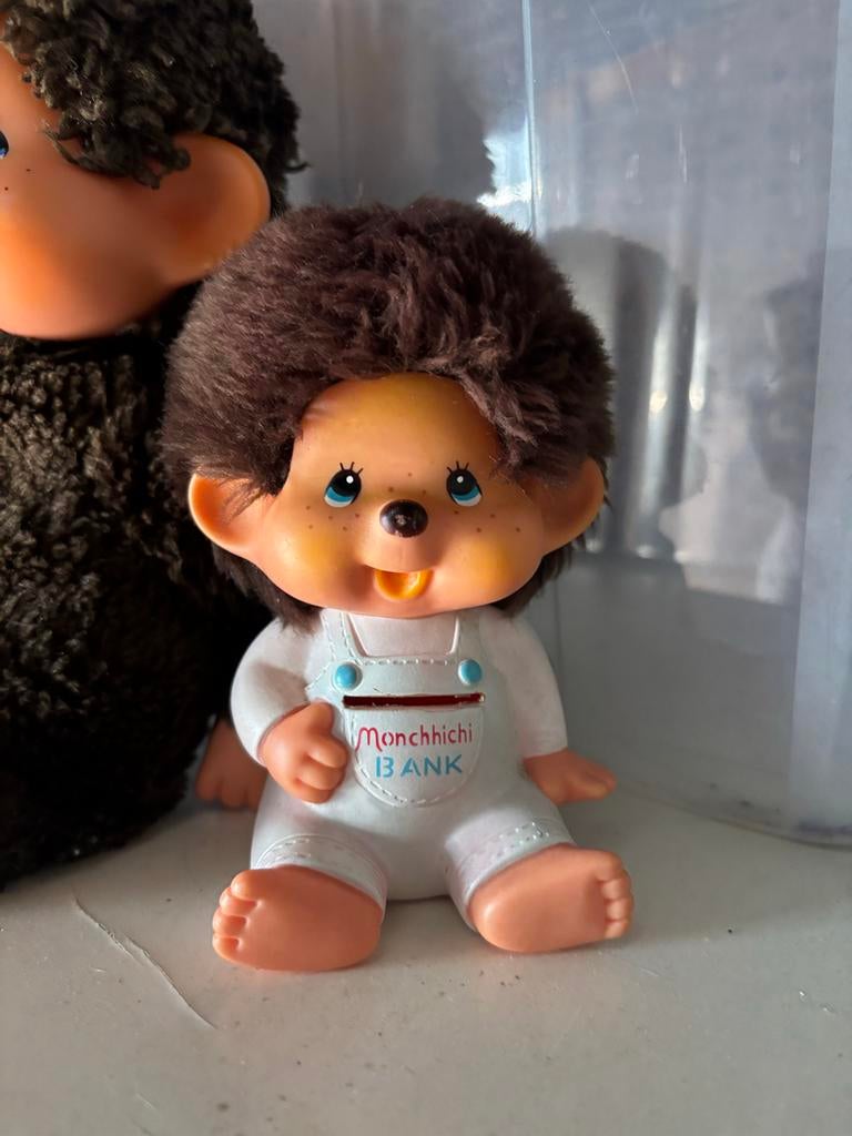 Vintage Monchhichi spaarpot en knuffel aapje set, Ophalen of Verzenden, Zo goed als nieuw