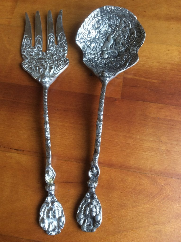 Vintage verzilverde opschep vork en lepel met afbeelding, Ophalen of Verzenden