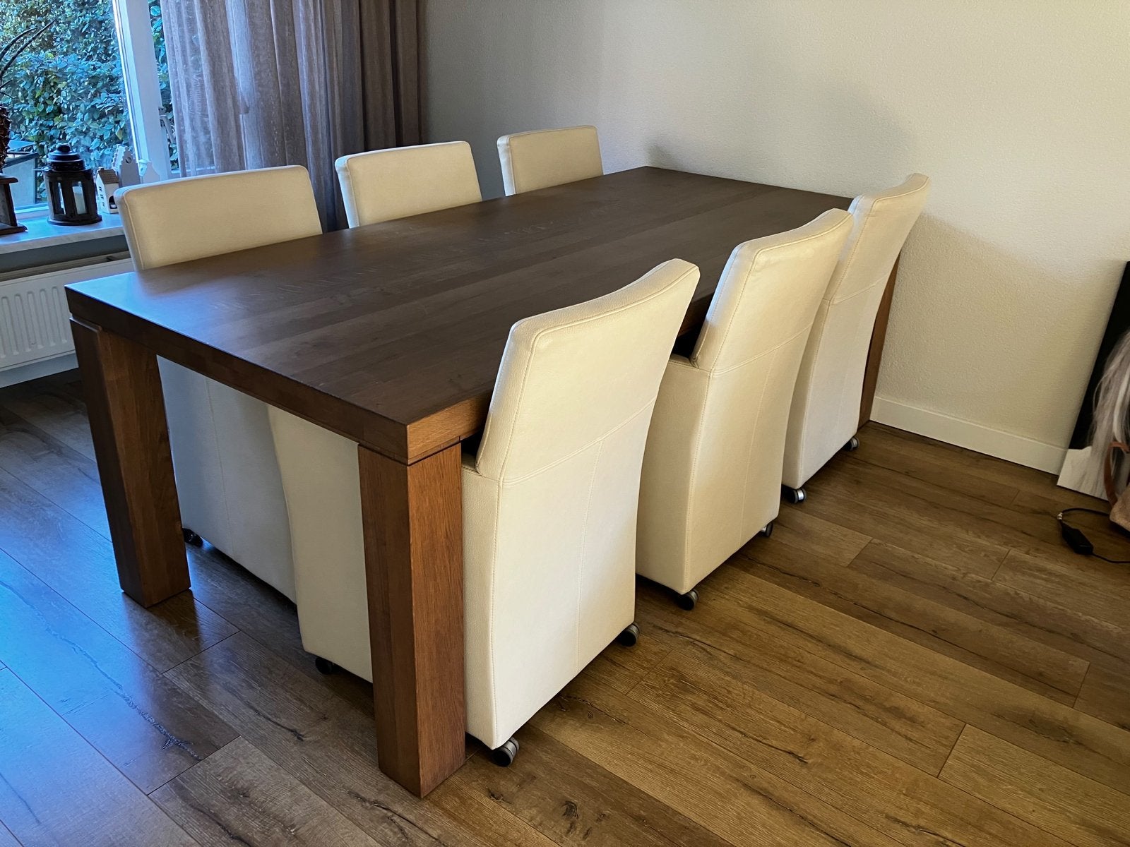 Eikenhouten eettafel met 6 stoelen, Ophalen, Gebruikt, Eikenhout, 200 cm of meer