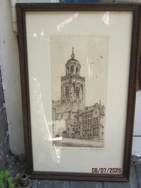 Deventer, Laurenskerk, Mooie ets met gebr. Glas, Antiek en Kunst, Ophalen of Verzenden, Ets