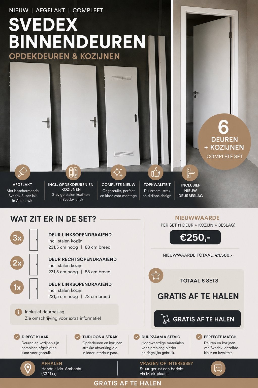 *Nieuwe* Svedex binnendeuren en kozijnen, Ophalen, Kunststof, 215 cm of meer, Binnendeur