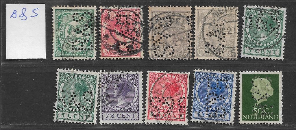 Perfins Nederland  - - -  10  zegels met Perfin  B&S, Postzegels en Munten, Postzegels | Nederland, Verzenden, Gestempeld