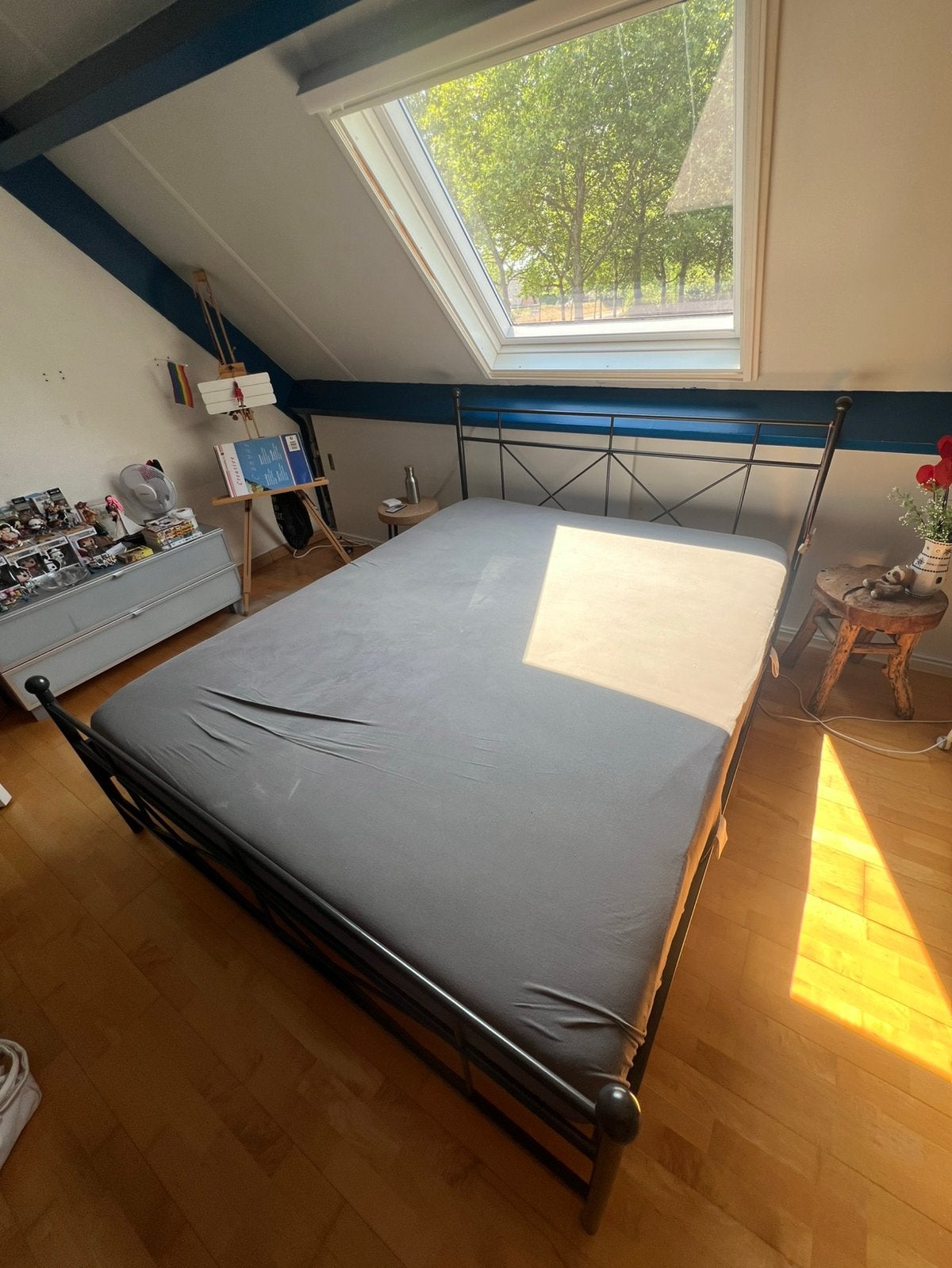 Zwart tweepersoonsbed spijlen bed met matras, Ophalen, Gebruikt, Zwart, Tweepersoons