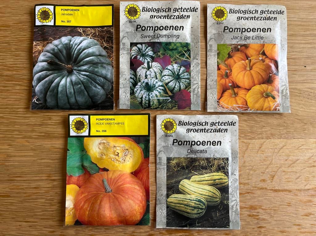 5 verschillende soorten pompoen zaden (aangebroken), Ophalen of Verzenden, Voorjaar, Zaad