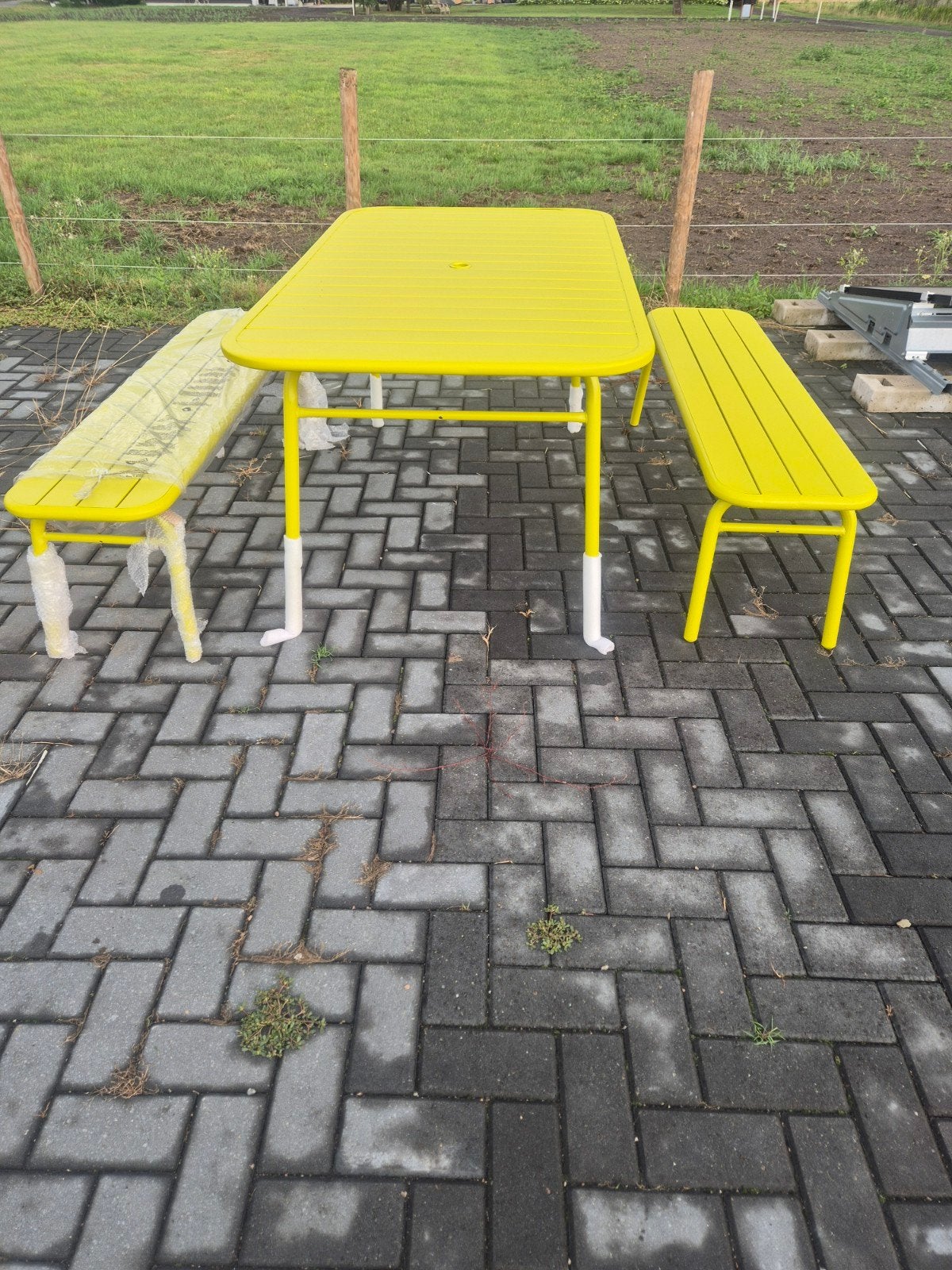 ijzeren picknicktafel met 2 bankjes, Ophalen of Verzenden, Rechthoekig, Hout