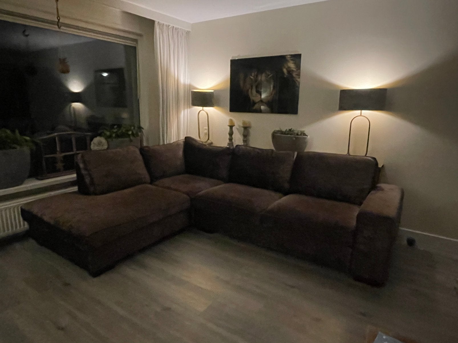 Donkerbruine velvet hoekbank urban sofa, Ophalen, Gebruikt, Stof