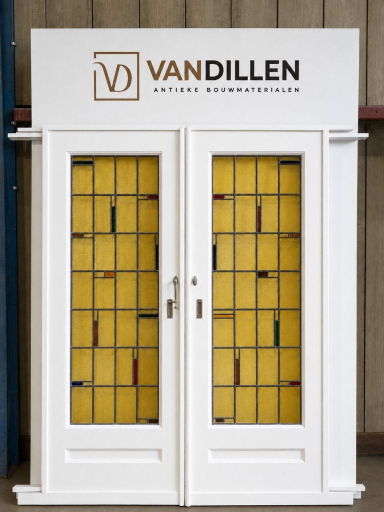 Antieke ensuite schuifdeuren art deco glas in lood, Gebruikt, 120 cm of meer, Binnendeur, Ophalen of Verzenden