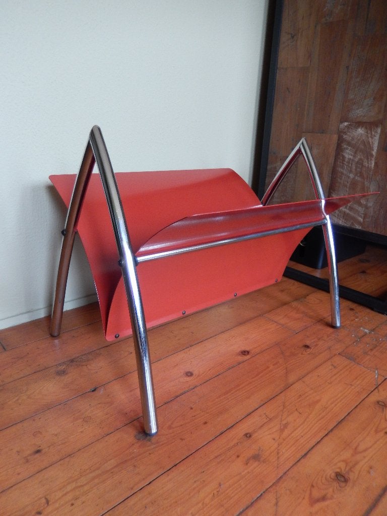 Jaren '60 lectuurbak, chroom en rood metaal, Ophalen