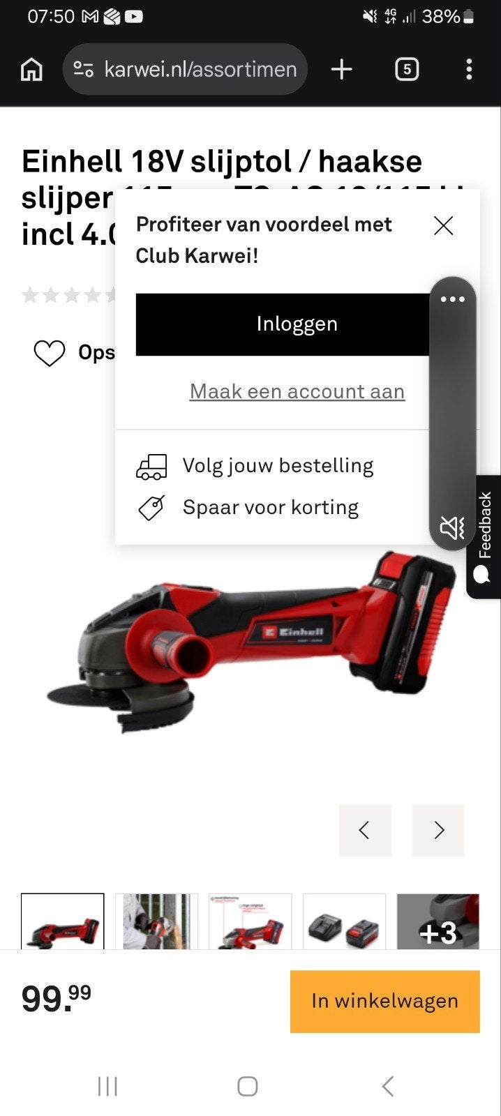 Einhell 18V haakse slijper incl. 4.0 Ah accu, Ophalen of Verzenden, Nieuw, Haakse handslijpmachine