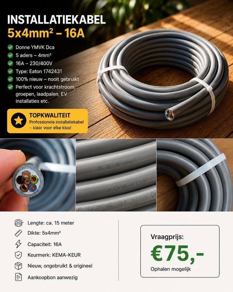 Nieuwe YMVK Dca installatiekabel 5G4 mm² – 15 meter, Doe-het-zelf en Verbouw, Elektra en Kabels, Ophalen, Nieuw, Kabel of Snoer
