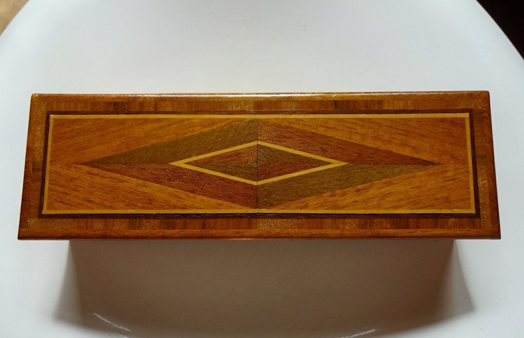 Mid-Century houten pennendoos: ingelegd houtsoorten, Ophalen of Verzenden