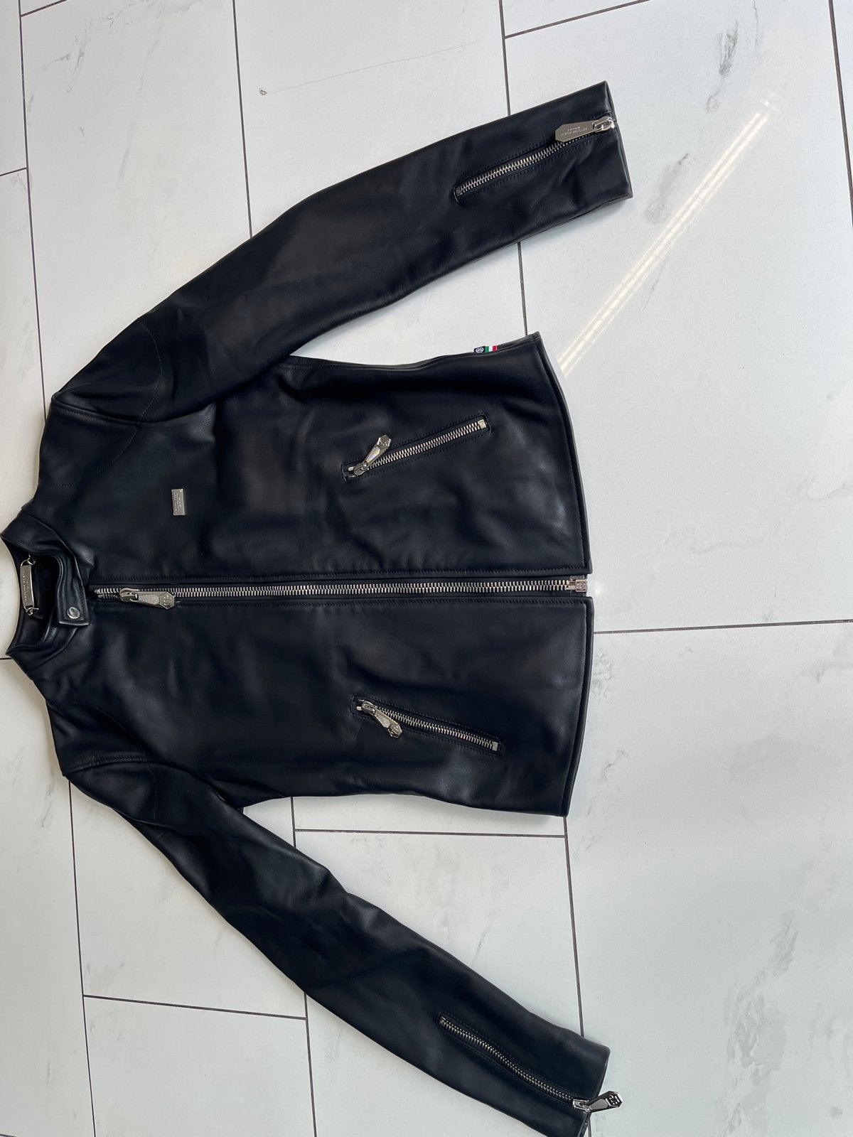 Philipp Plein Leren Jas Zwart Maat M, Verzenden, Zo goed als nieuw, Maat 48/50 (M), Zwart