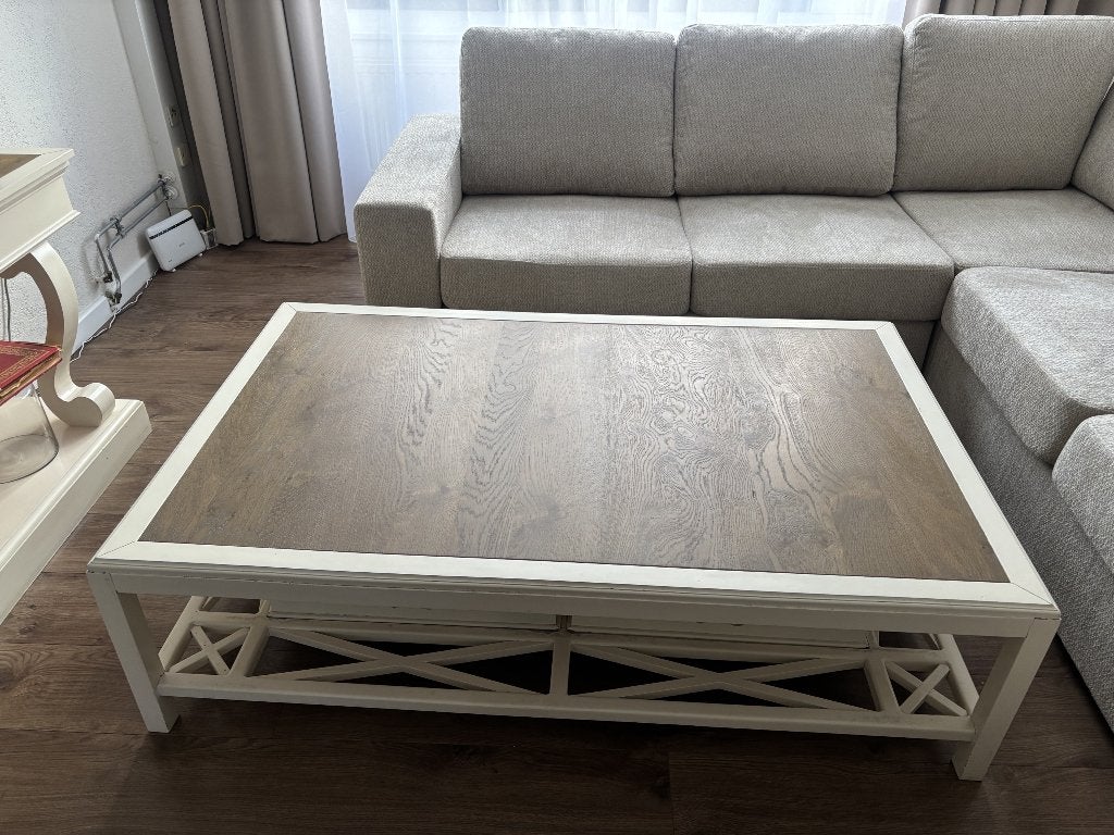 Rofra salontafel met beige onderstel en houtlook blad, Huis en Inrichting, Gebruikt, 150 tot 200 cm, 50 tot 100 cm, Ophalen of Verzenden