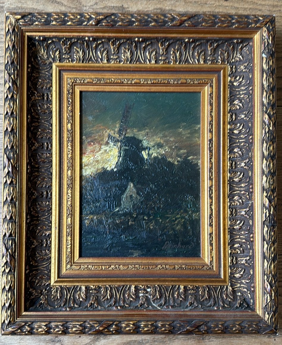 Olieverfschilderij Molenlandschap gesigneerd Reinhard, Antiek en Kunst, Doek, Realistisch, Ophalen of Verzenden, Gesigneerd