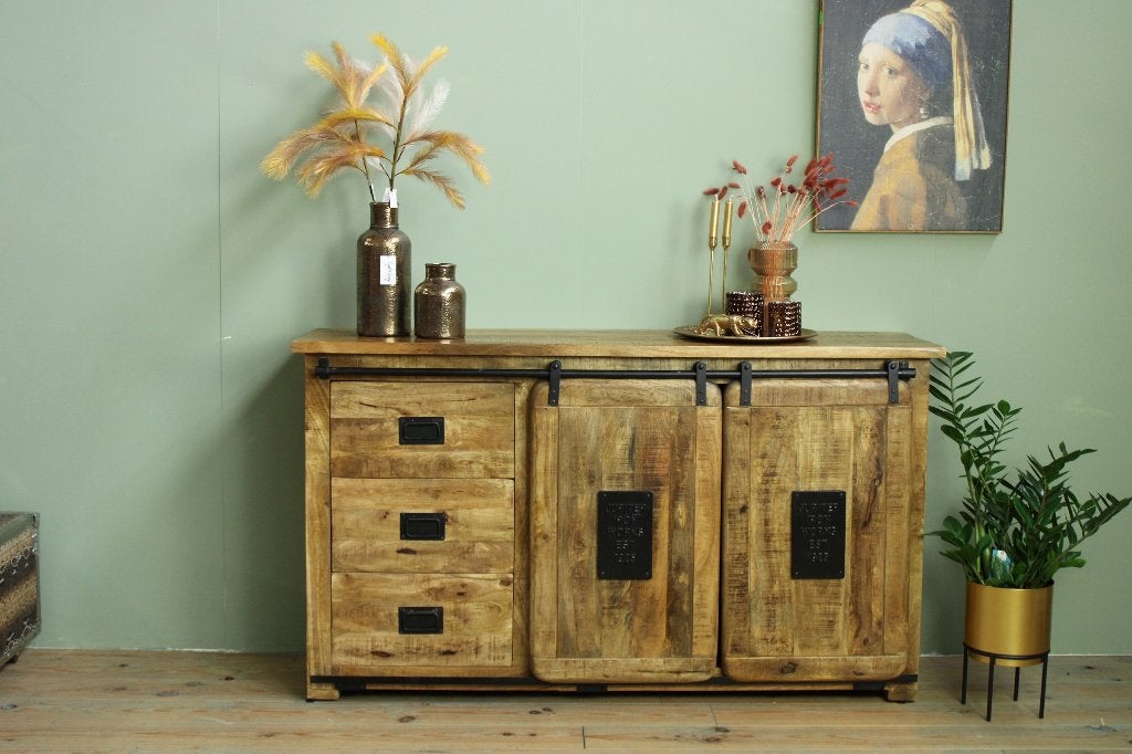 Dressoir India, 3 lades en 2 deuren, Overige houtsoorten, 150 tot 200 cm, Ophalen of Verzenden, Minder dan 100 cm