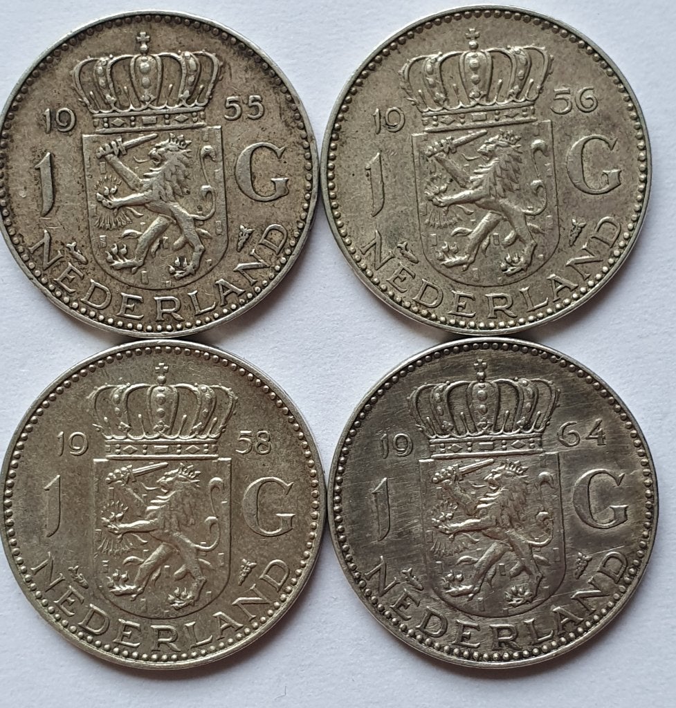 4 keer 1 gulden Juliana zilver, Postzegels en Munten, 1 gulden, Koningin Juliana, Zilver, Verzenden