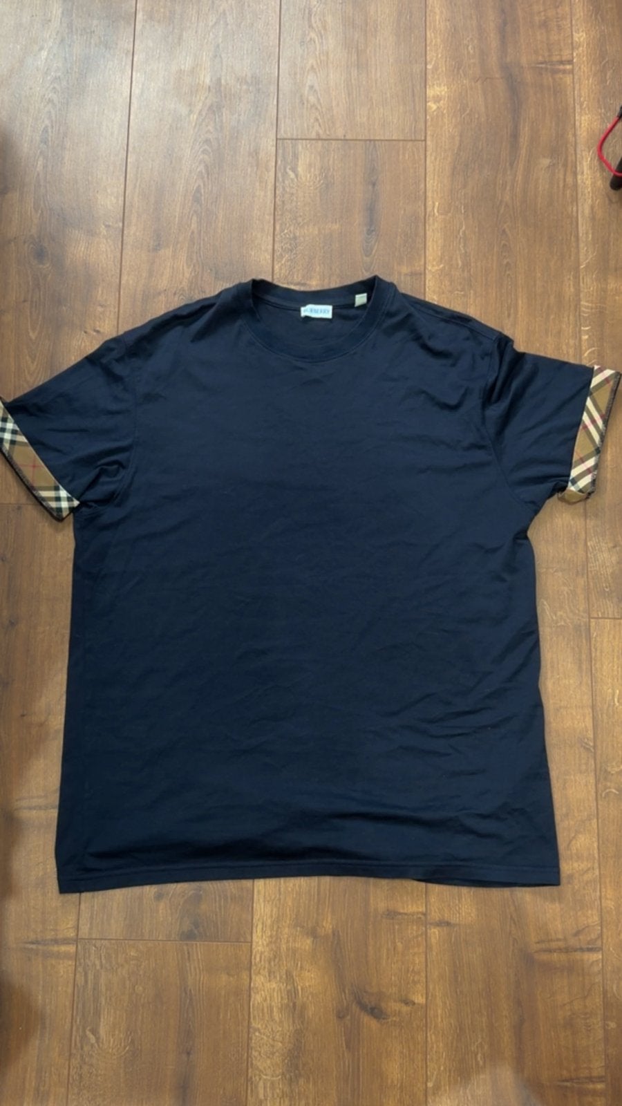 Burberry T-shirt met Nova Check mouwen - Maat L, Ophalen of Verzenden, Zo goed als nieuw, Maat 52/54 (L), Blauw