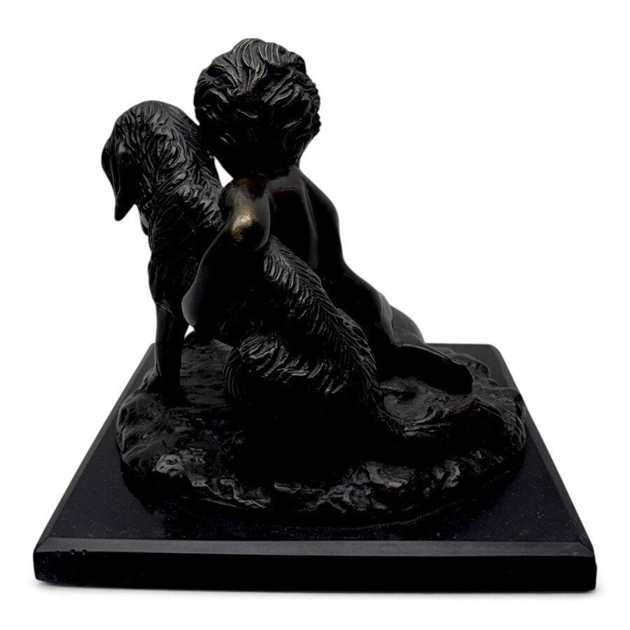 Bronzen beeldje: kind met hond, Ophalen of Verzenden, Brons