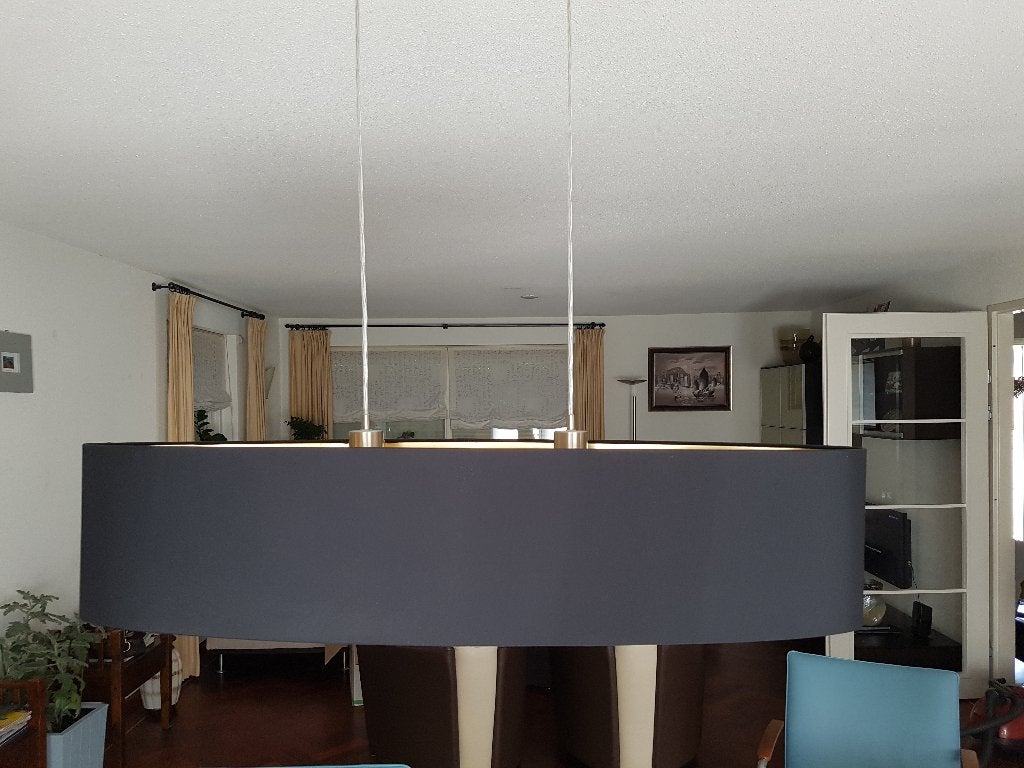 Plafondlamp, zwarte stoffen kap en goudkleurig van binnen., Ophalen of Verzenden, Zo goed als nieuw, Stof, Modern