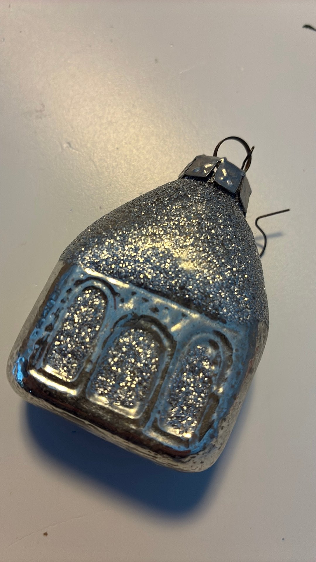 Vintage kerstbal, huisje glitter, Ophalen of Verzenden, Zo goed als nieuw