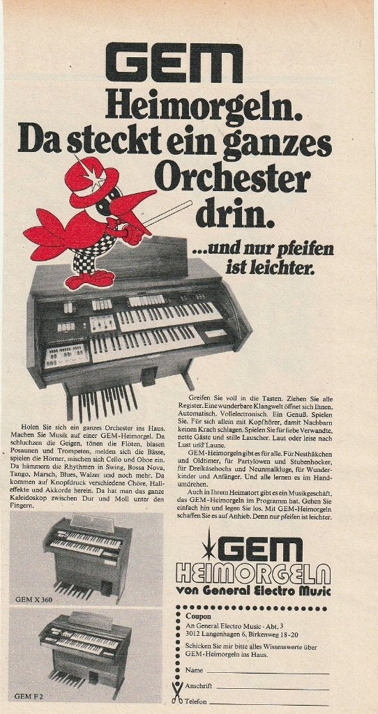 retro reclame 1975 Gem orgels muziekinstrumenten, Verzenden, Overige typen